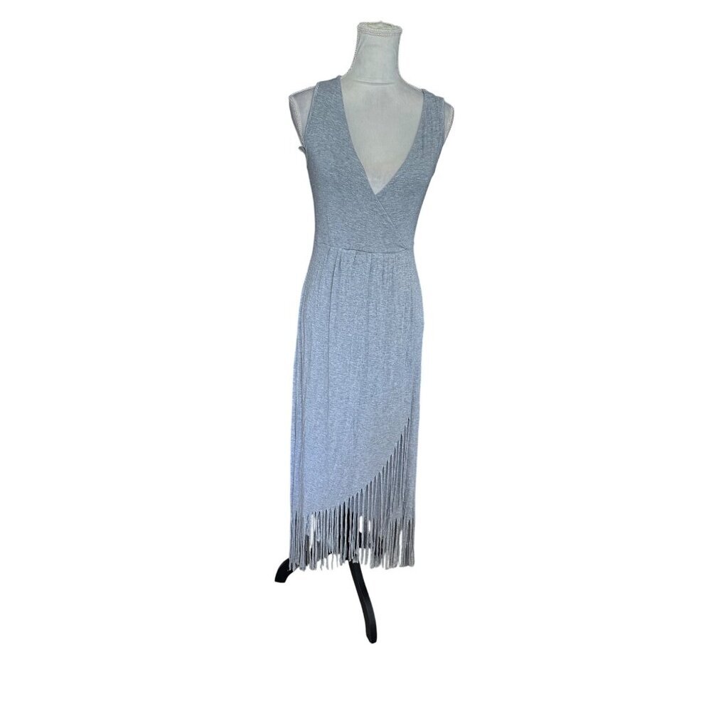 Y2K Womens  Maxi Dress Faux Wrap Deep V Neck Stretchy Fringe Hem Gray XS Western